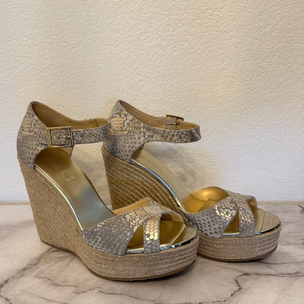 Jimmy Choo Gray and Gold Wedge Sandals 41